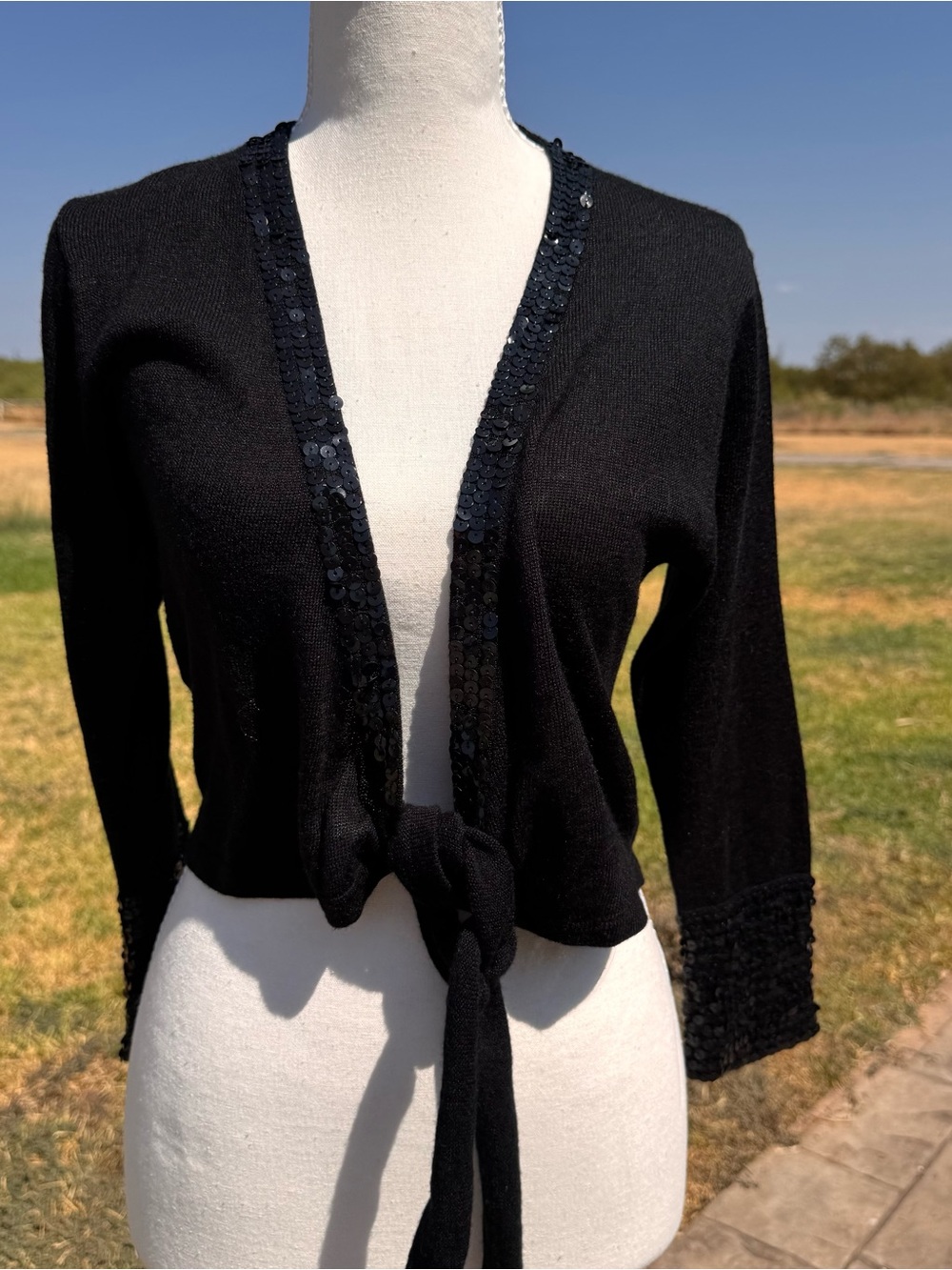 New York & Company Black Sequin-Trim Tie-Front Cardigan